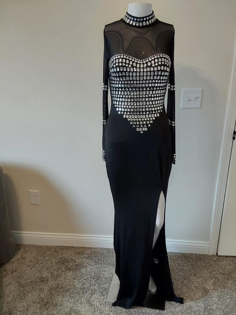Black Long Sleeve Mesh Evening Gown with Crystal Heart Detail